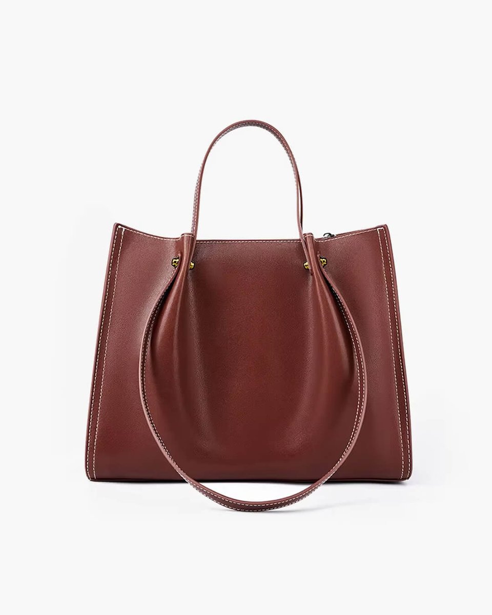 Vegan Leather Minimalist Contrast-Stitch Tote Bag - Brown