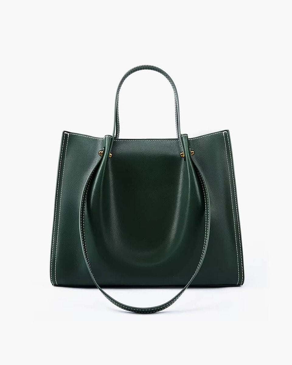 Vegan Leather Minimalist Contrast-Stitch Tote Bag - Green