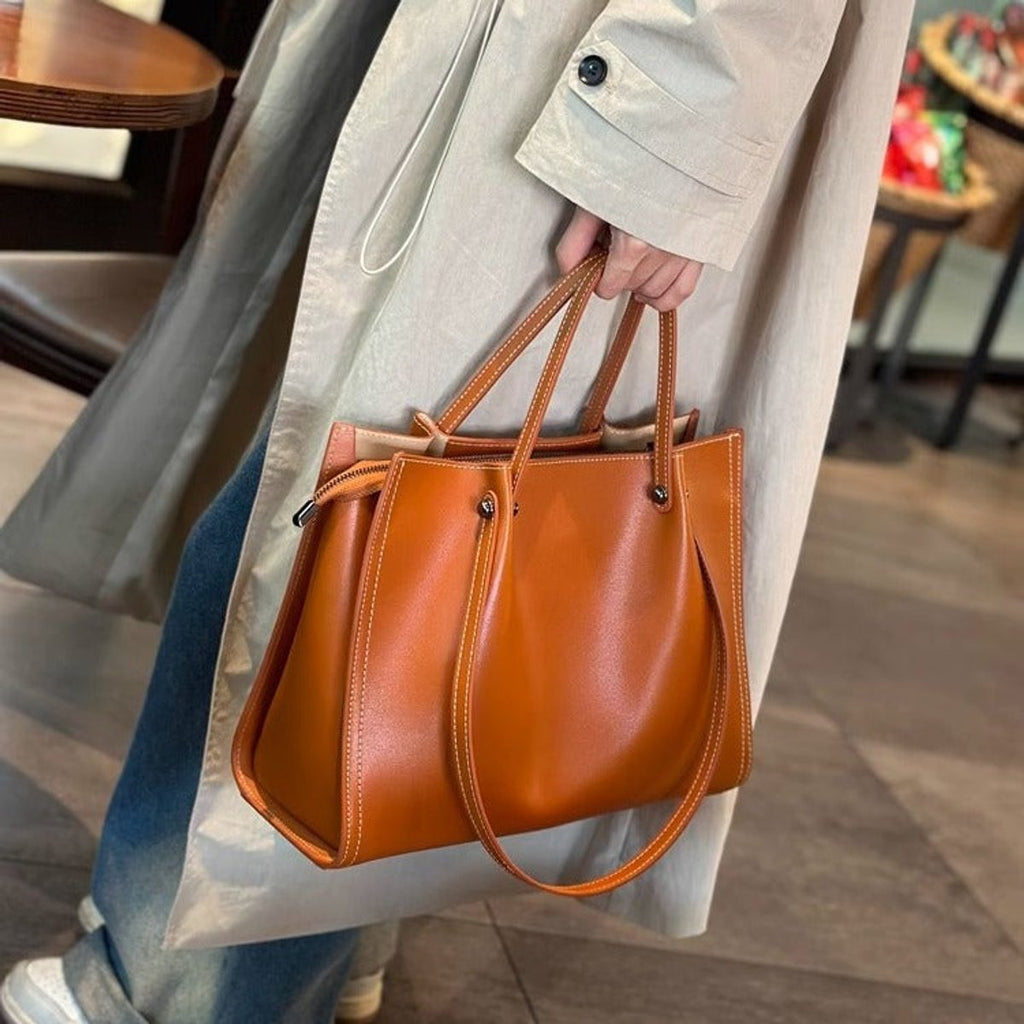 Vegan Leather Minimalist Contrast-Stitch Tote Bag - Sunset Yellow