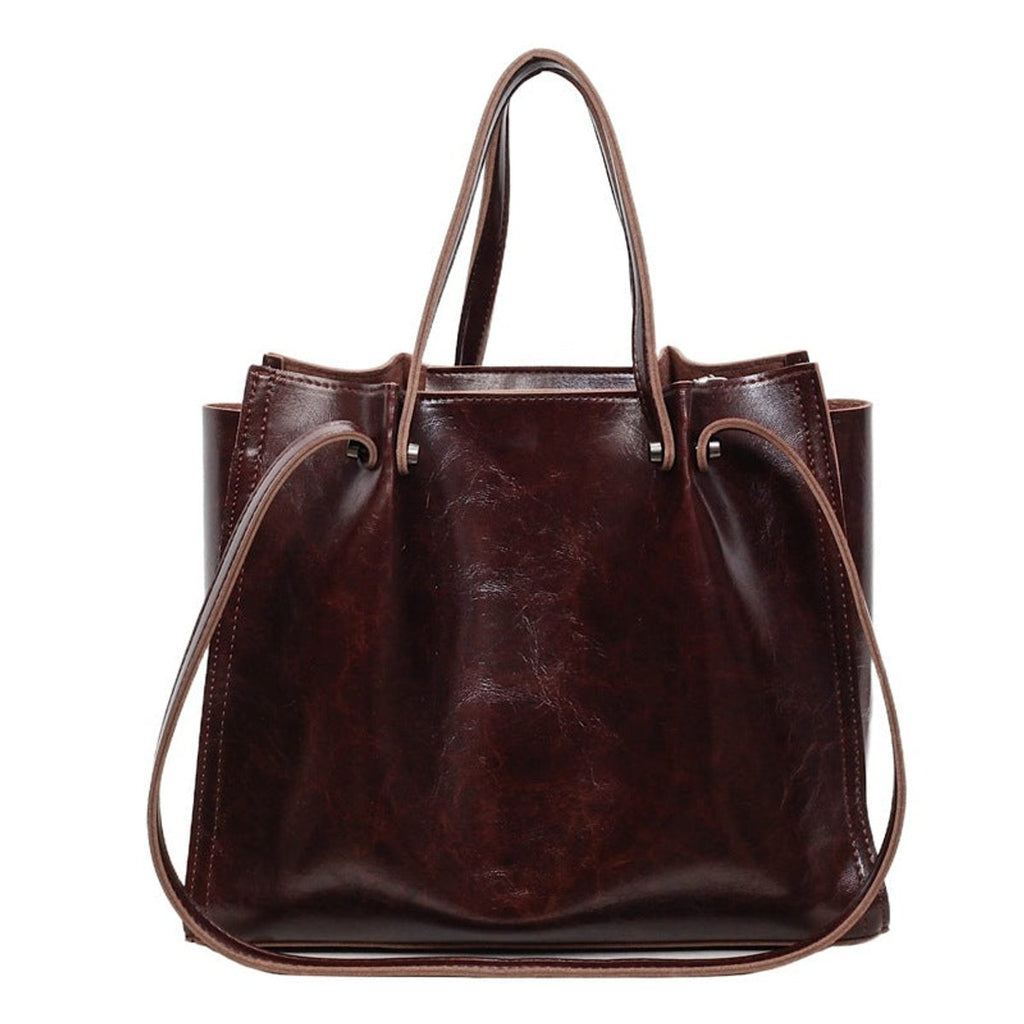 Vegan Leather Minimalist Contrast-Stitch Tote Bag - Maroon