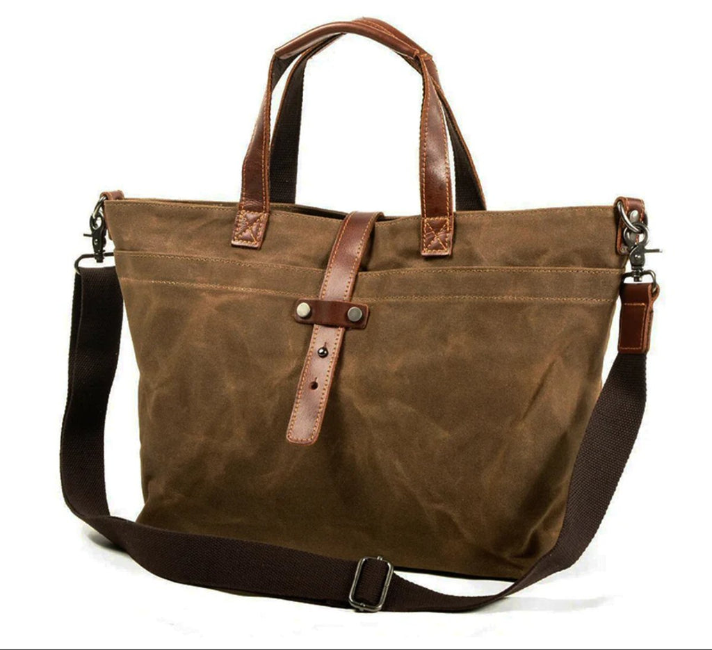 Waxed Canvas Leather-Trim Crossbody Tote Bag - Tobacco Leaf