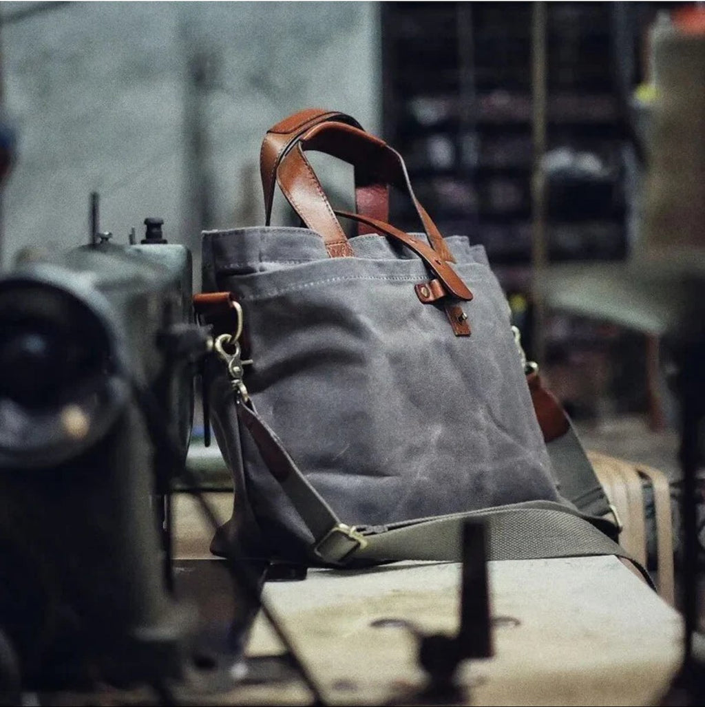 Waxed Canvas Leather-Trim Crossbody Tote Bag