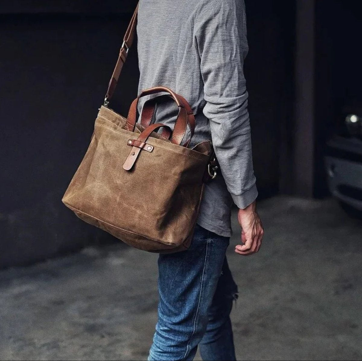 Waxed Canvas Leather-Trim Crossbody Tote Bag