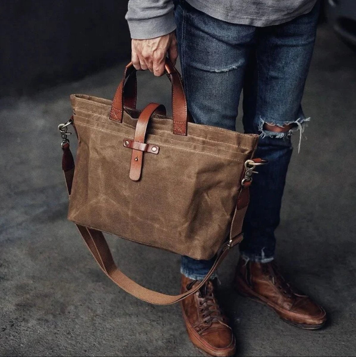 Waxed Canvas Leather-Trim Crossbody Tote Bag