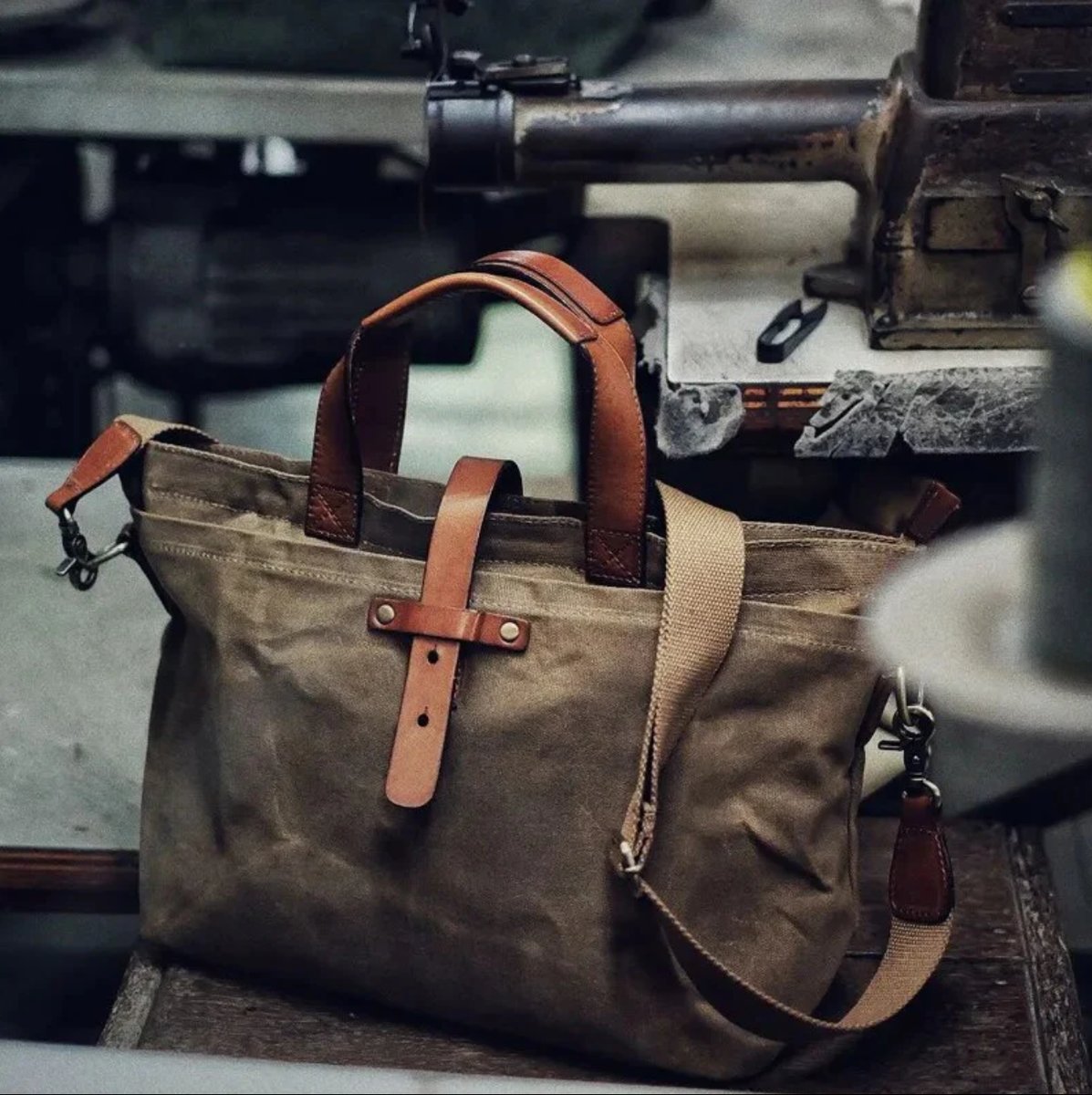 Waxed Canvas Leather-Trim Crossbody Tote Bag