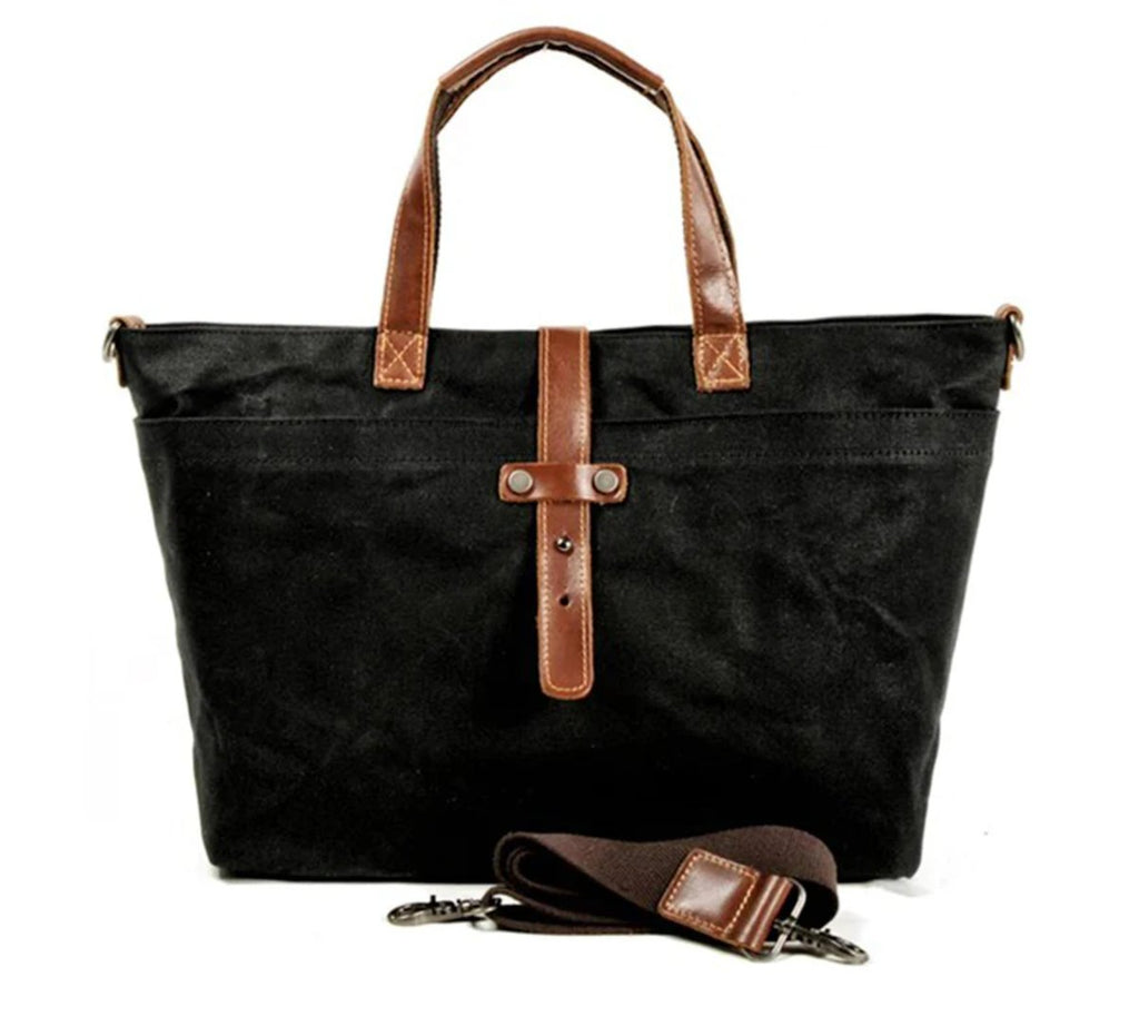 Waxed Canvas Leather-Trim Crossbody Tote Bag - Coal Mine