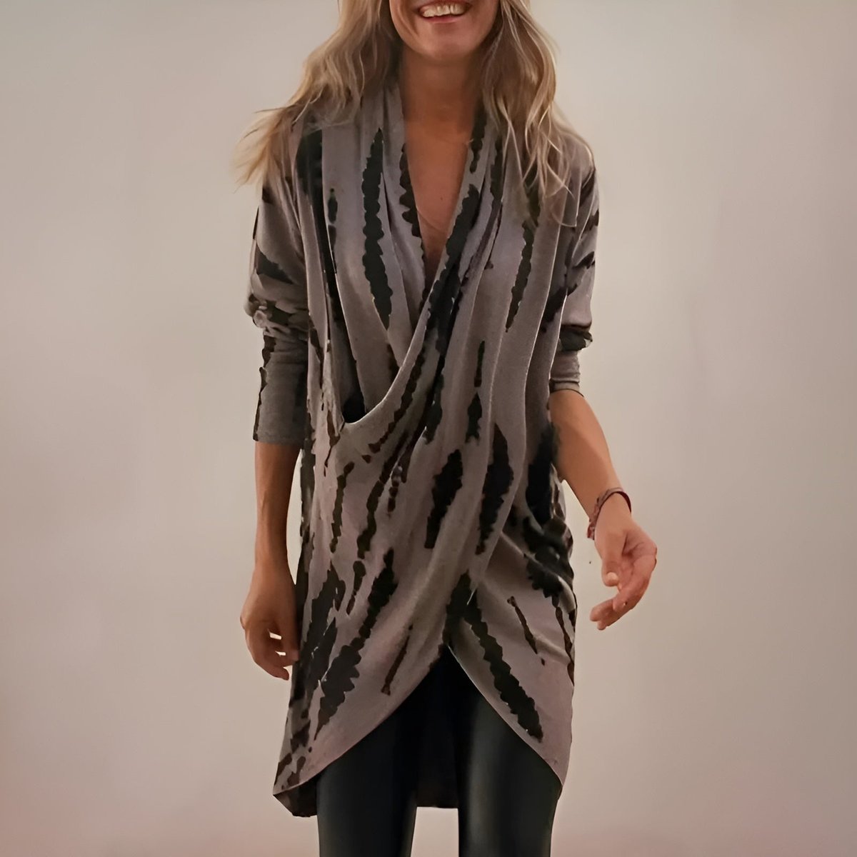 Women's Abstract Print V-Neck Draped Tunic Cardigan