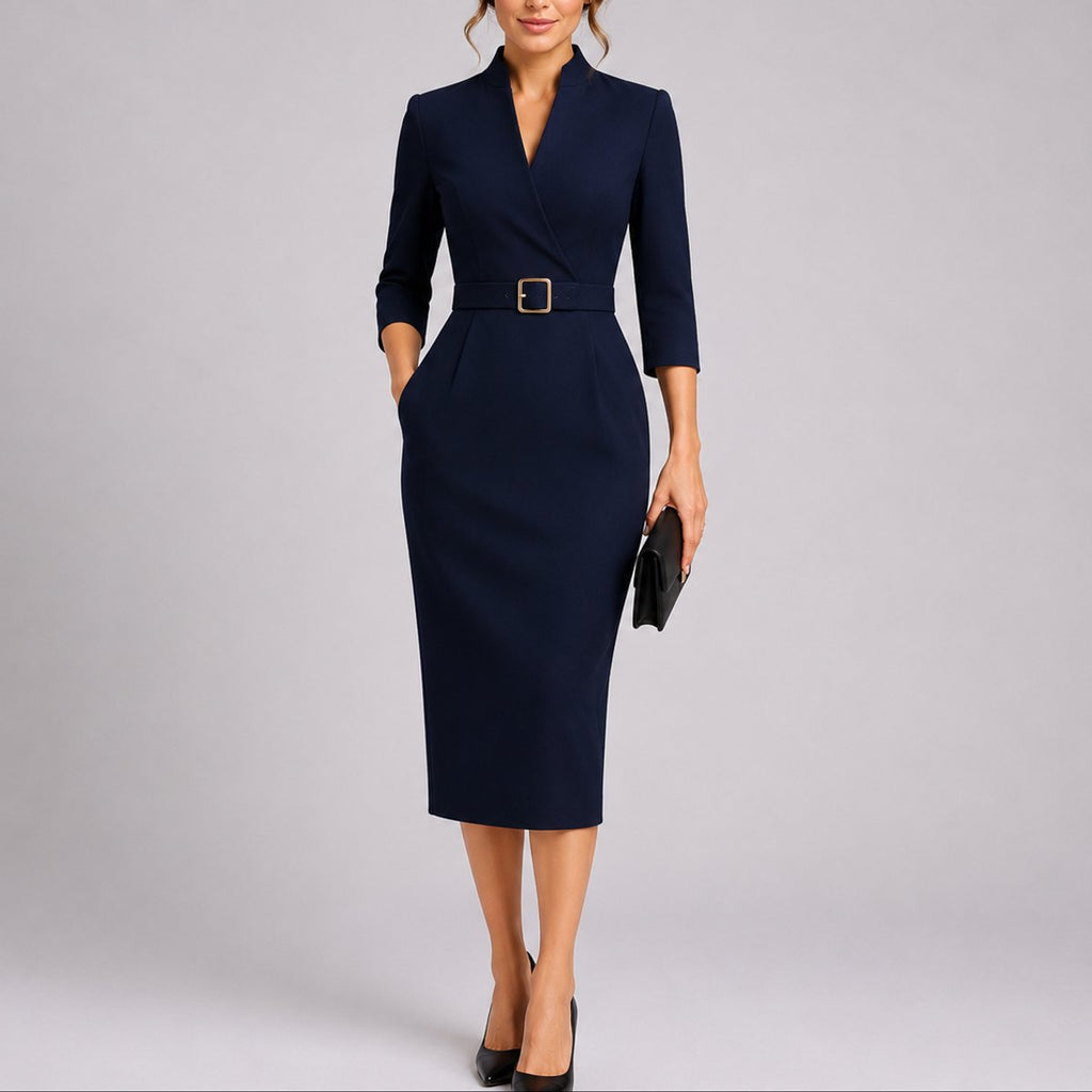 Women's Belted V-Neck Sheath Midi Fall Wedding Guest Dress - Navy