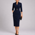 Women's Belted V-Neck Sheath Midi Fall Wedding Guest Dress - Navy