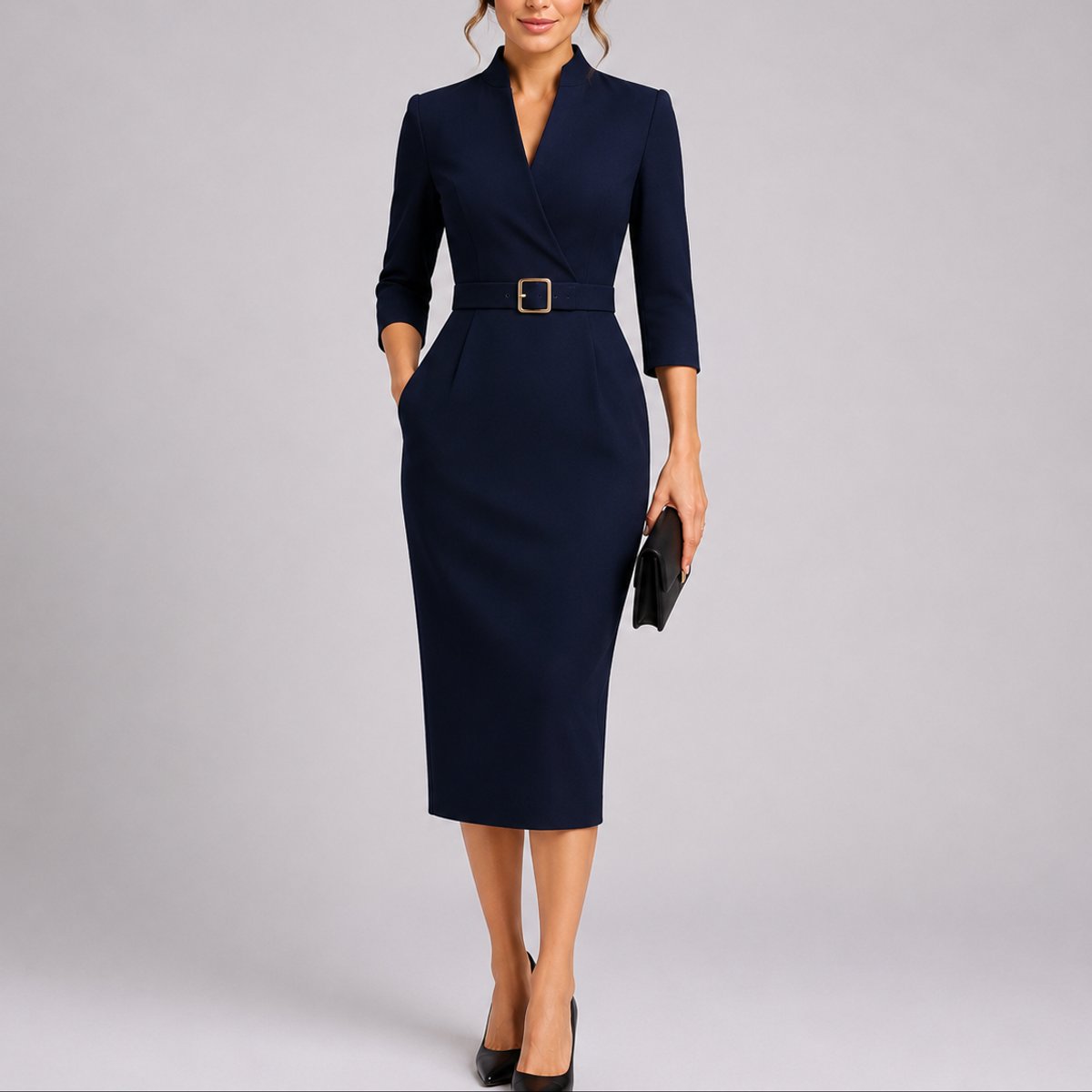 Women's Belted V-Neck Sheath Midi Fall Wedding Guest Dress - Navy