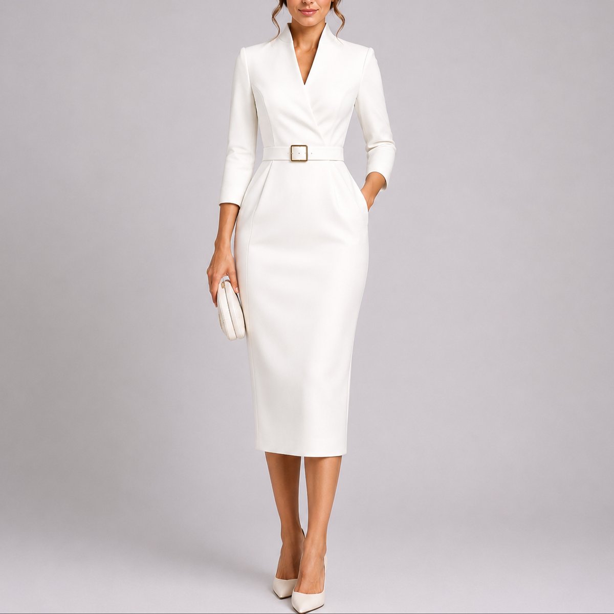 Women's Belted V-Neck Sheath Midi Fall Wedding Guest Dress - White
