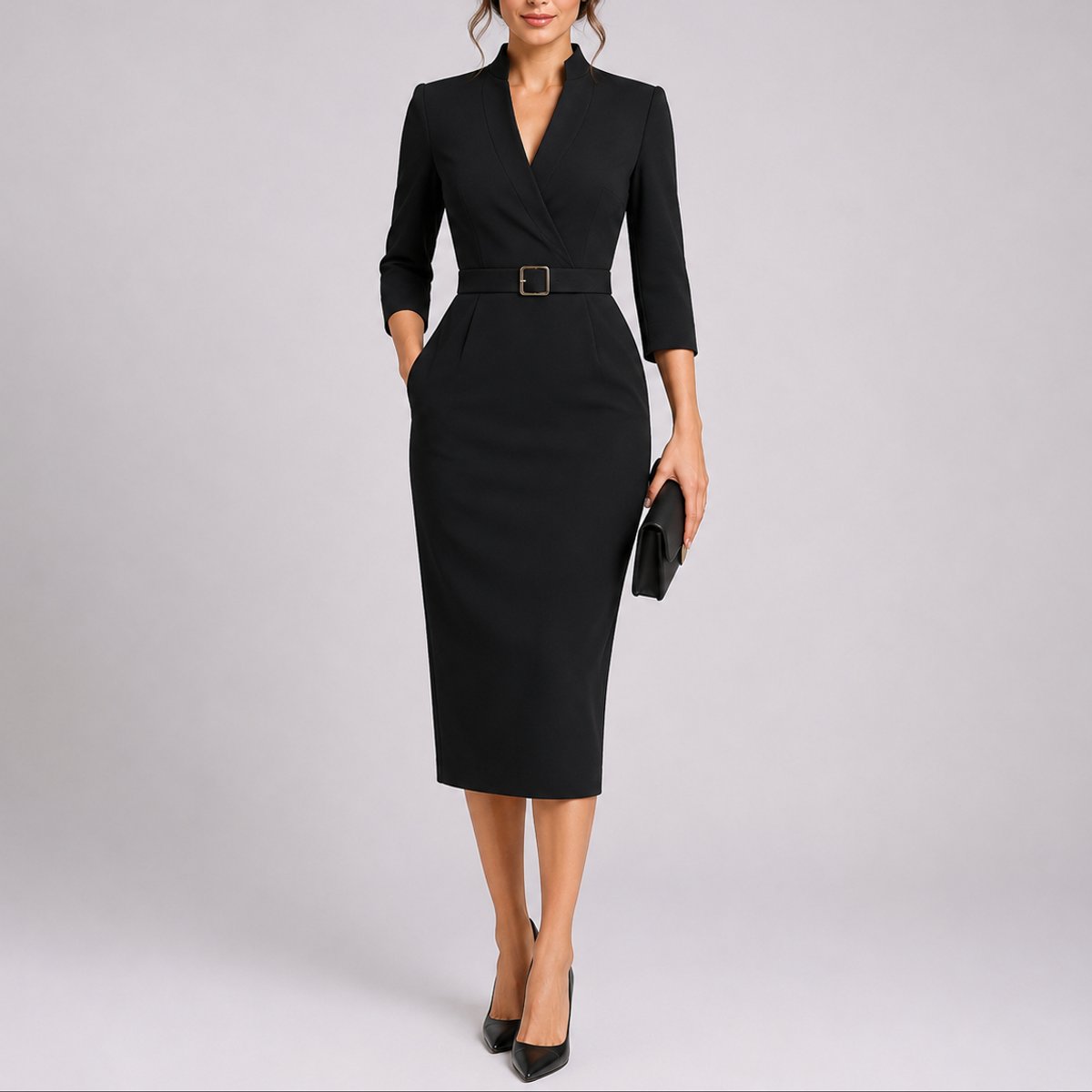 Women's Belted V-Neck Sheath Midi Fall Wedding Guest Dress - Black