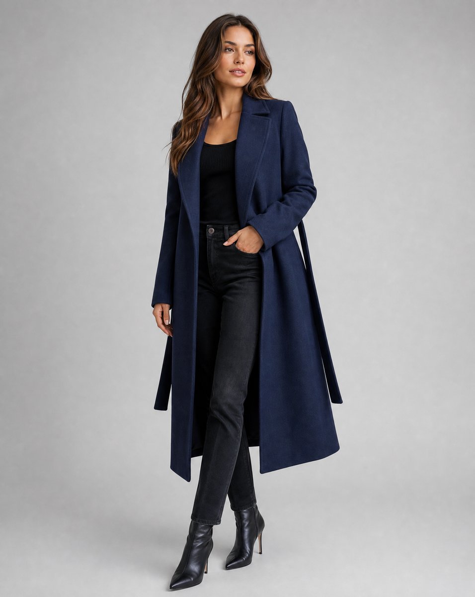 Women's Belted Wool-Blend Long Lapel Trench Coat - Navy