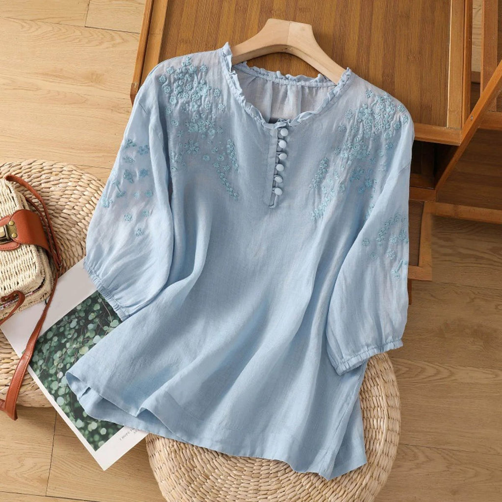 Women's Bohemian Floral Embroidered Ruffle-Neck Puff Sleeve Blouse - Blue