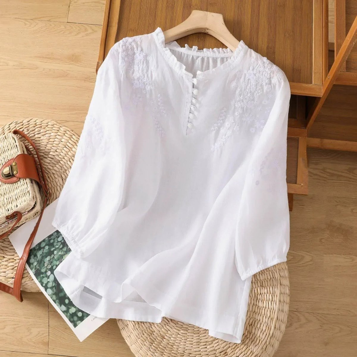 Women's Bohemian Floral Embroidered Ruffle-Neck Puff Sleeve Blouse - White
