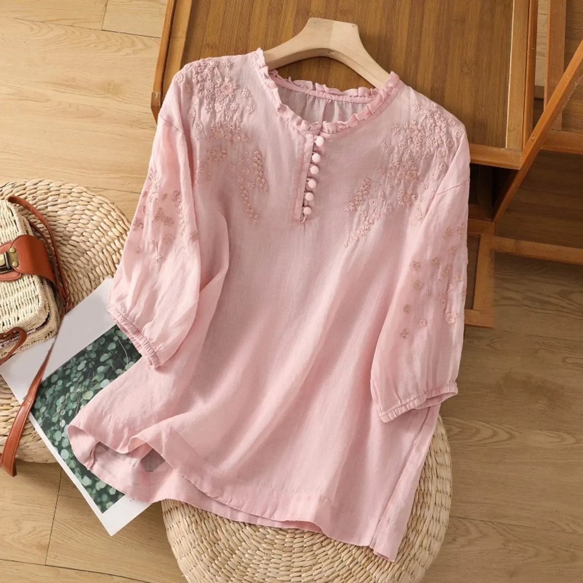 Women's Bohemian Floral Embroidered Ruffle-Neck Puff Sleeve Blouse - Pink