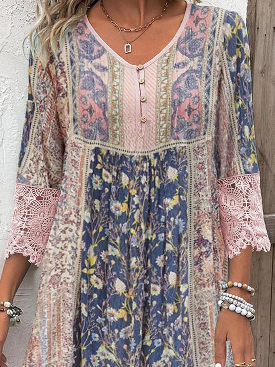 Women's Bohemian Floral Lace-Trim 3/4 Sleeve Tunic Dress