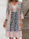 Women's Bohemian Floral Lace-Trim 3/4 Sleeve Tunic Dress - Pink
