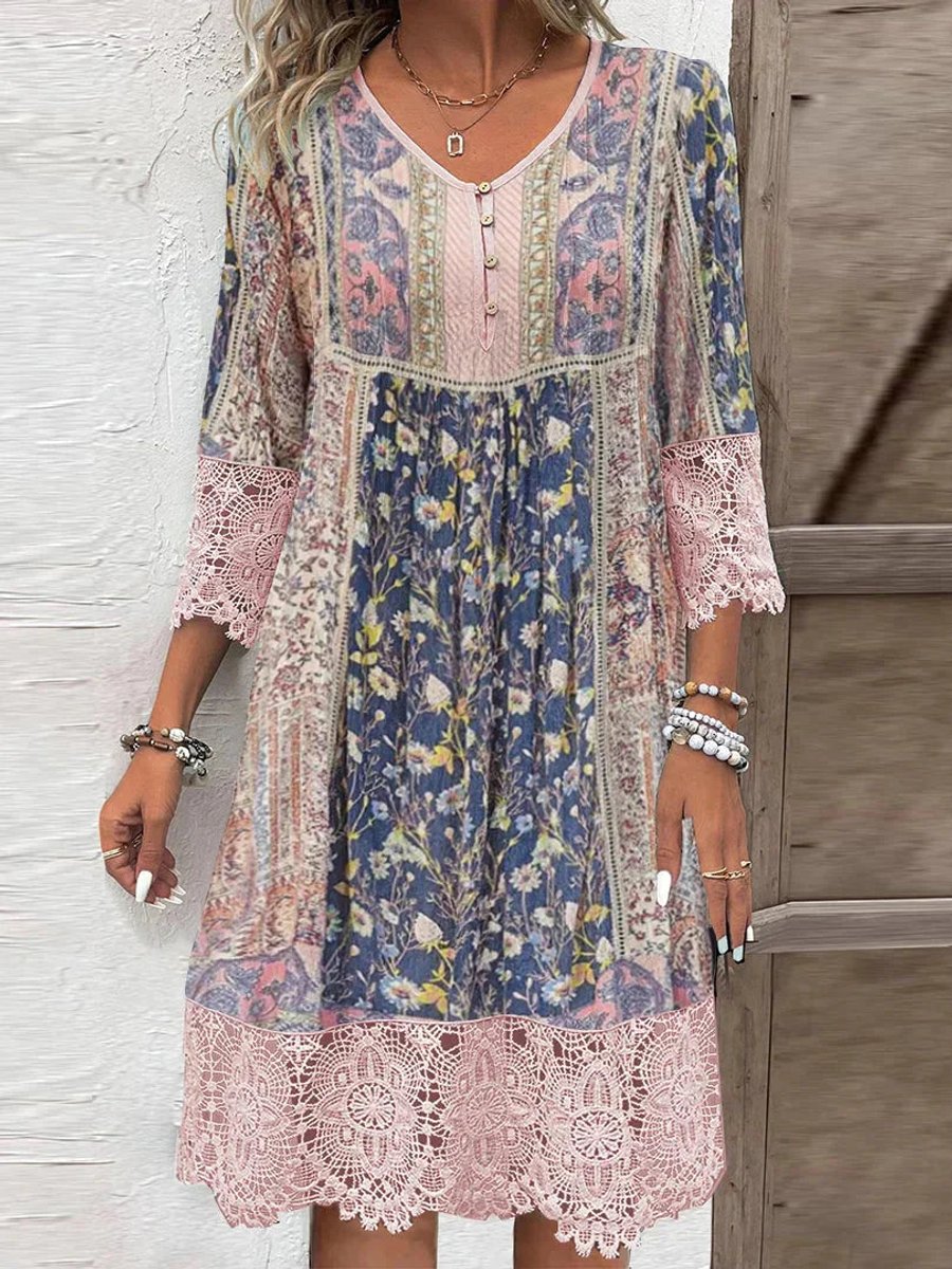 Women's Bohemian Floral Lace-Trim 3/4 Sleeve Tunic Dress - Pink