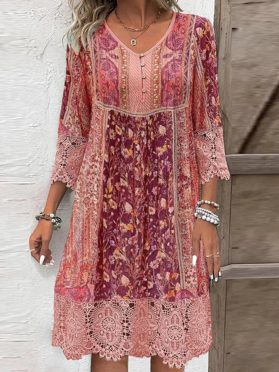 Women's Bohemian Floral Lace-Trim 3/4 Sleeve Tunic Dress - Red