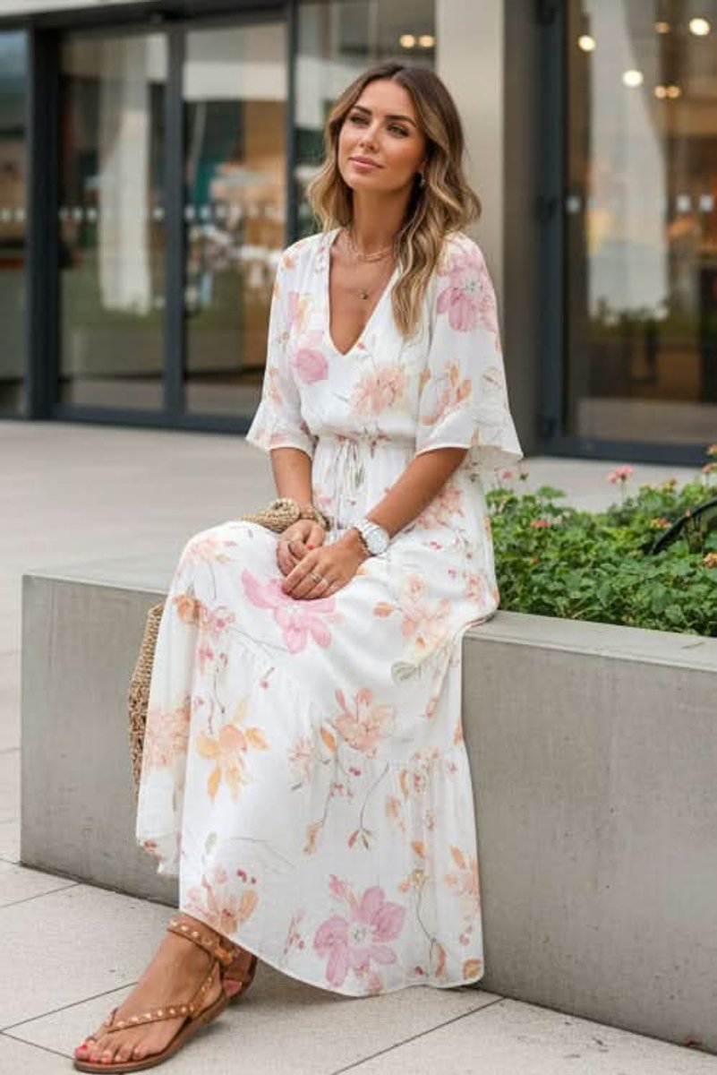 Women's Bohemian Floral V-Neck Maxi Evening Gown Dress