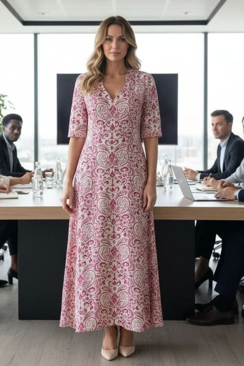 Women's Bohemian Floral V-Neck Maxi Evening Gown Dress - Pink