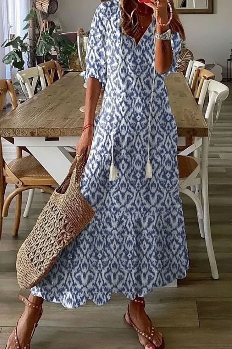 Women's Bohemian Floral V-Neck Maxi Evening Gown Dress - Light Blue