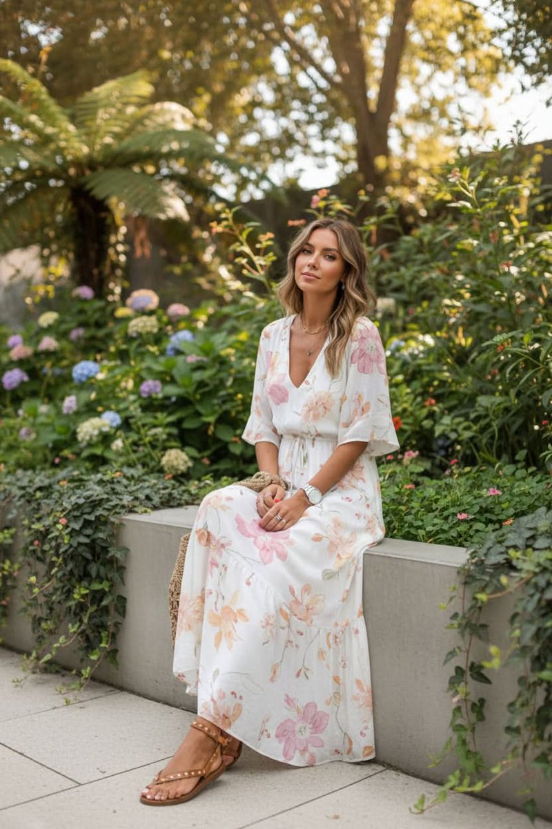 Women's Bohemian Floral V-Neck Maxi Evening Gown Dress - White