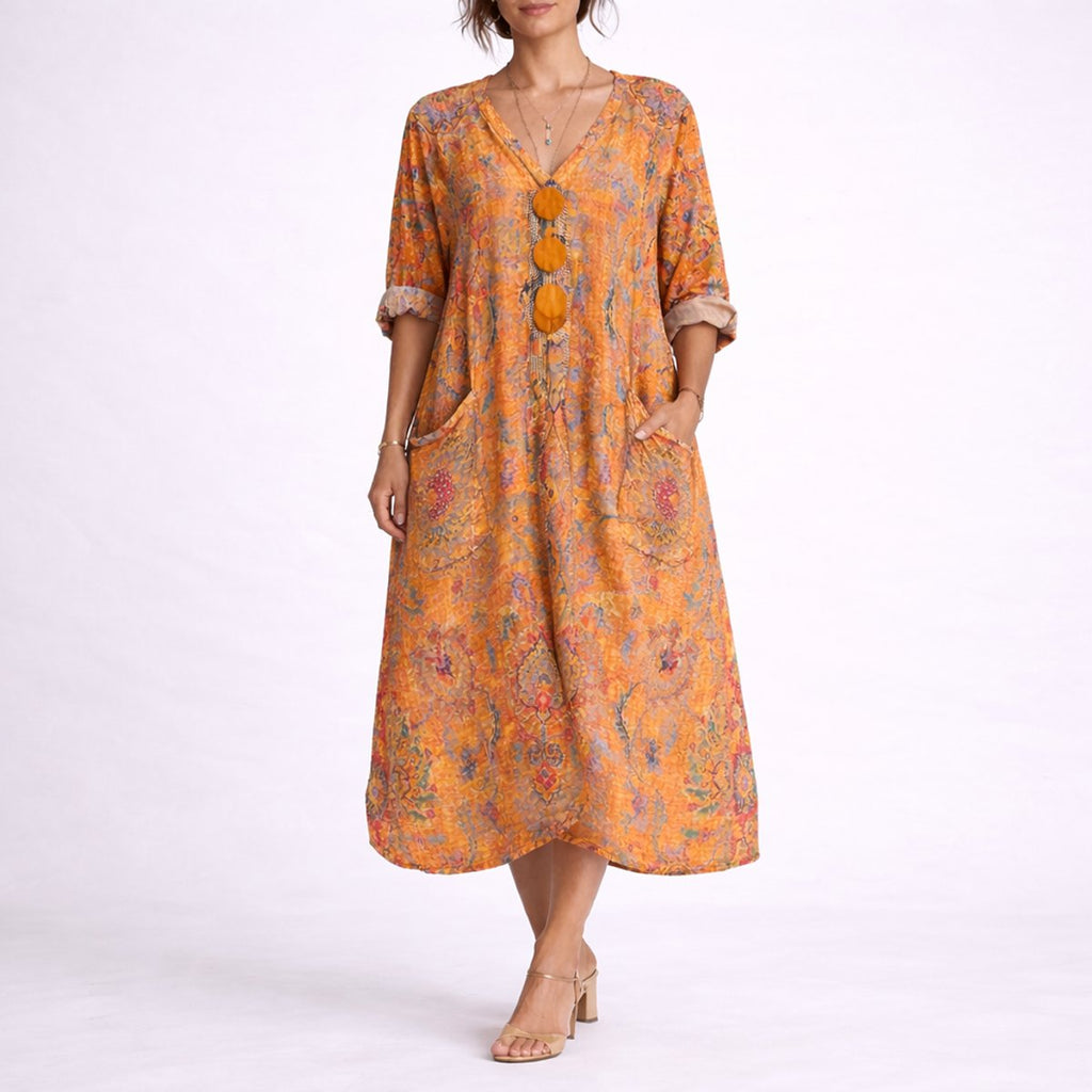 Women's Bohemian Paisley Maxi Fall Wedding Guest Dress - Orange