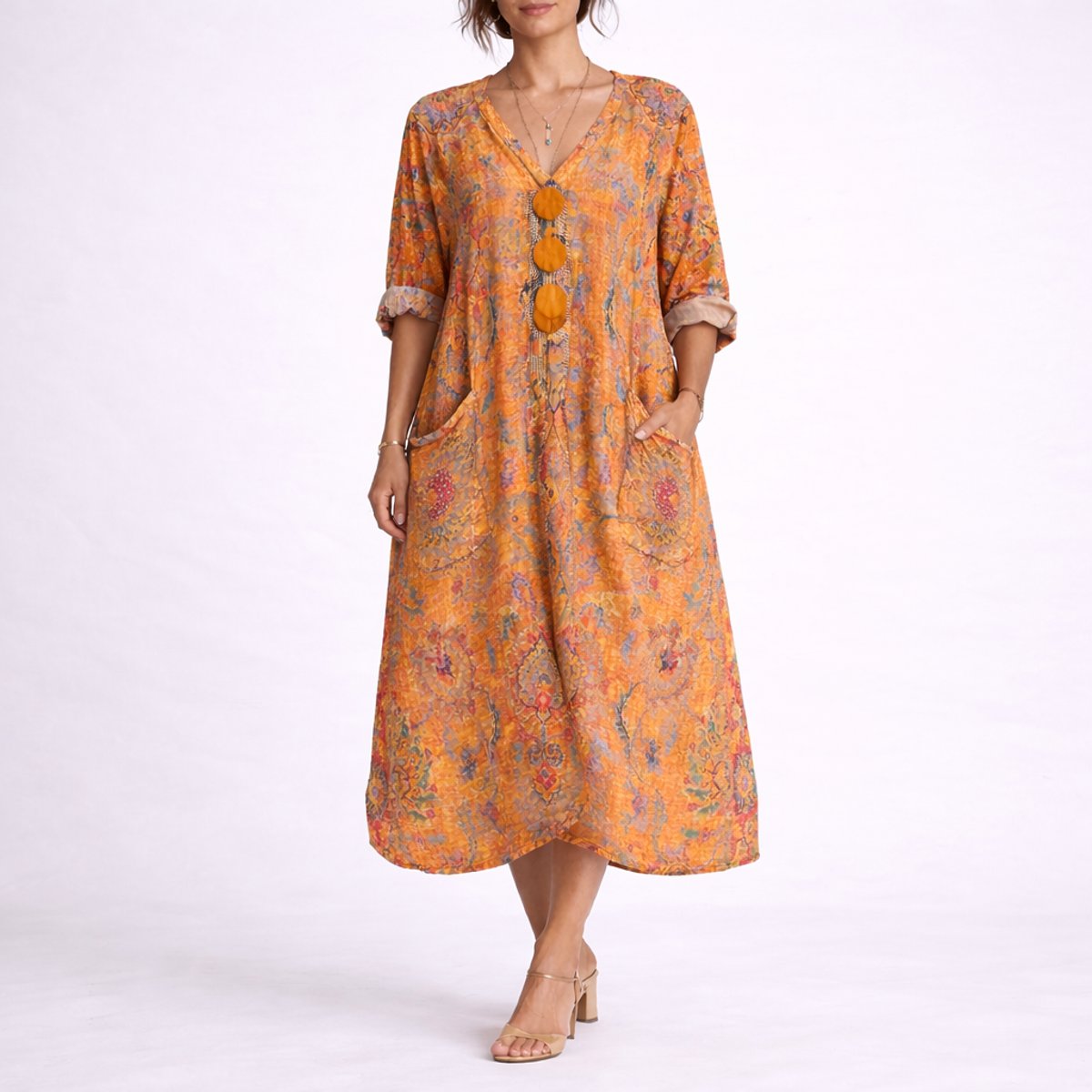 Women's Bohemian Paisley Maxi Fall Wedding Guest Dress - Orange