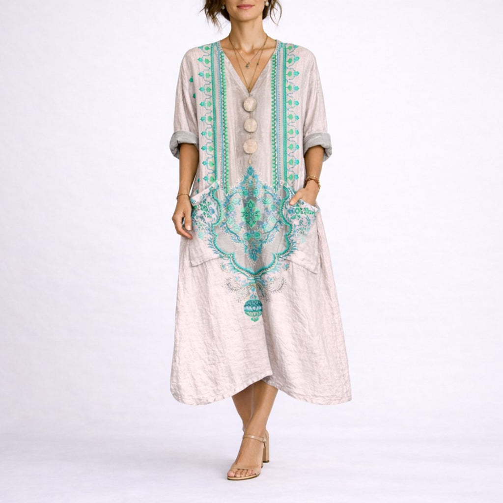 Women's Bohemian Paisley Maxi Fall Wedding Guest Dress - Pink & Green