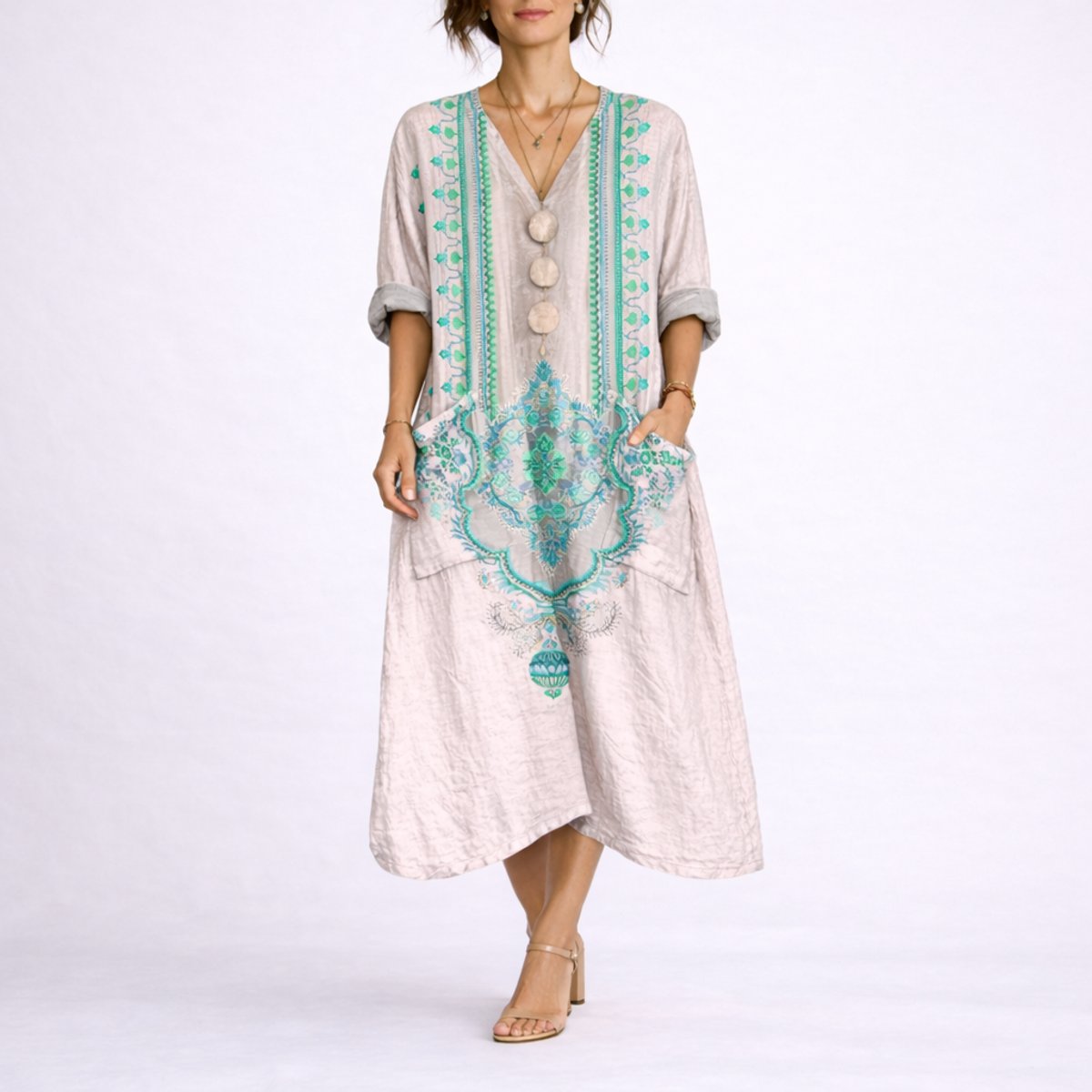 Women's Bohemian Paisley Maxi Fall Wedding Guest Dress - Pink & Green