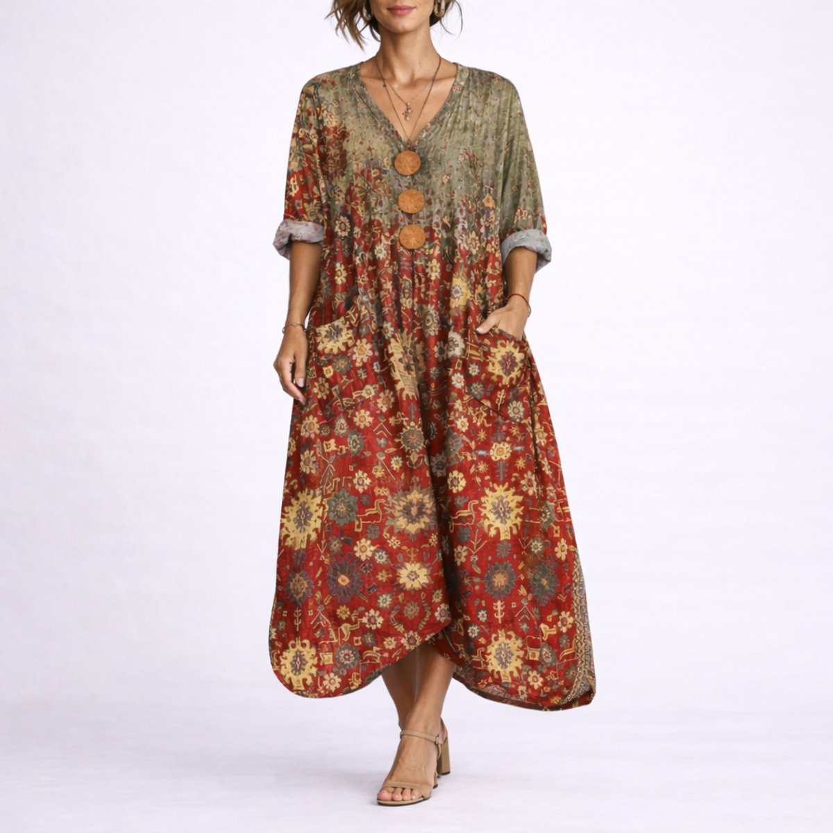 Women's Bohemian Paisley Maxi Fall Wedding Guest Dress - Red Carpet