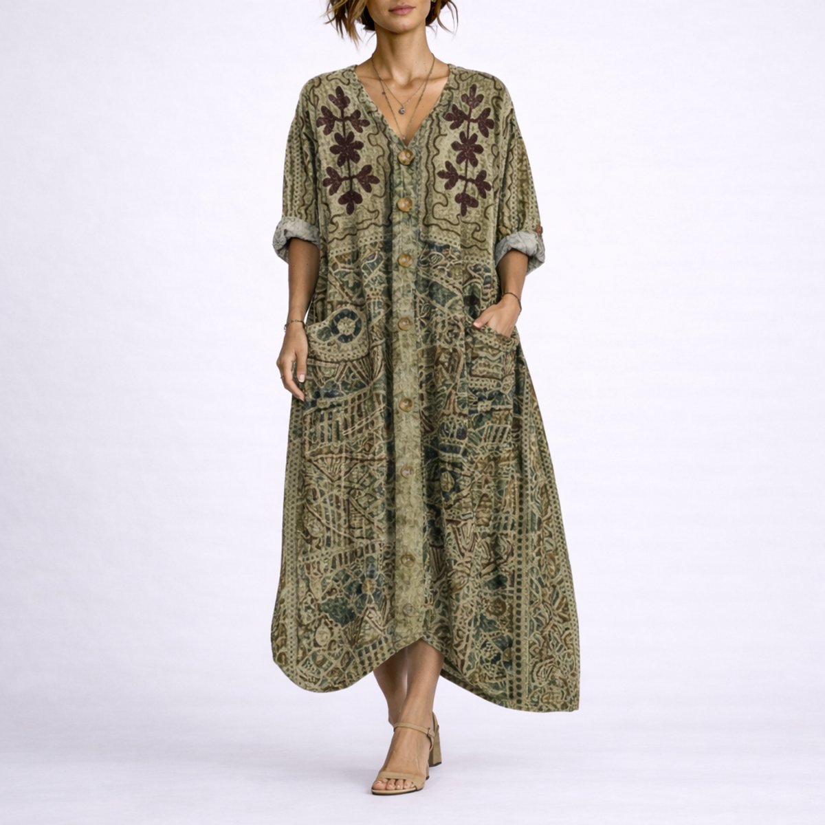 Women's Bohemian Paisley Maxi Fall Wedding Guest Dress - Green