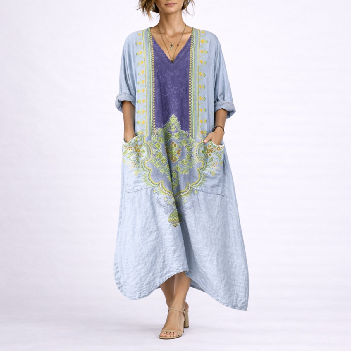 Women's Bohemian Paisley Maxi Fall Wedding Guest Dress - Blue & Purple