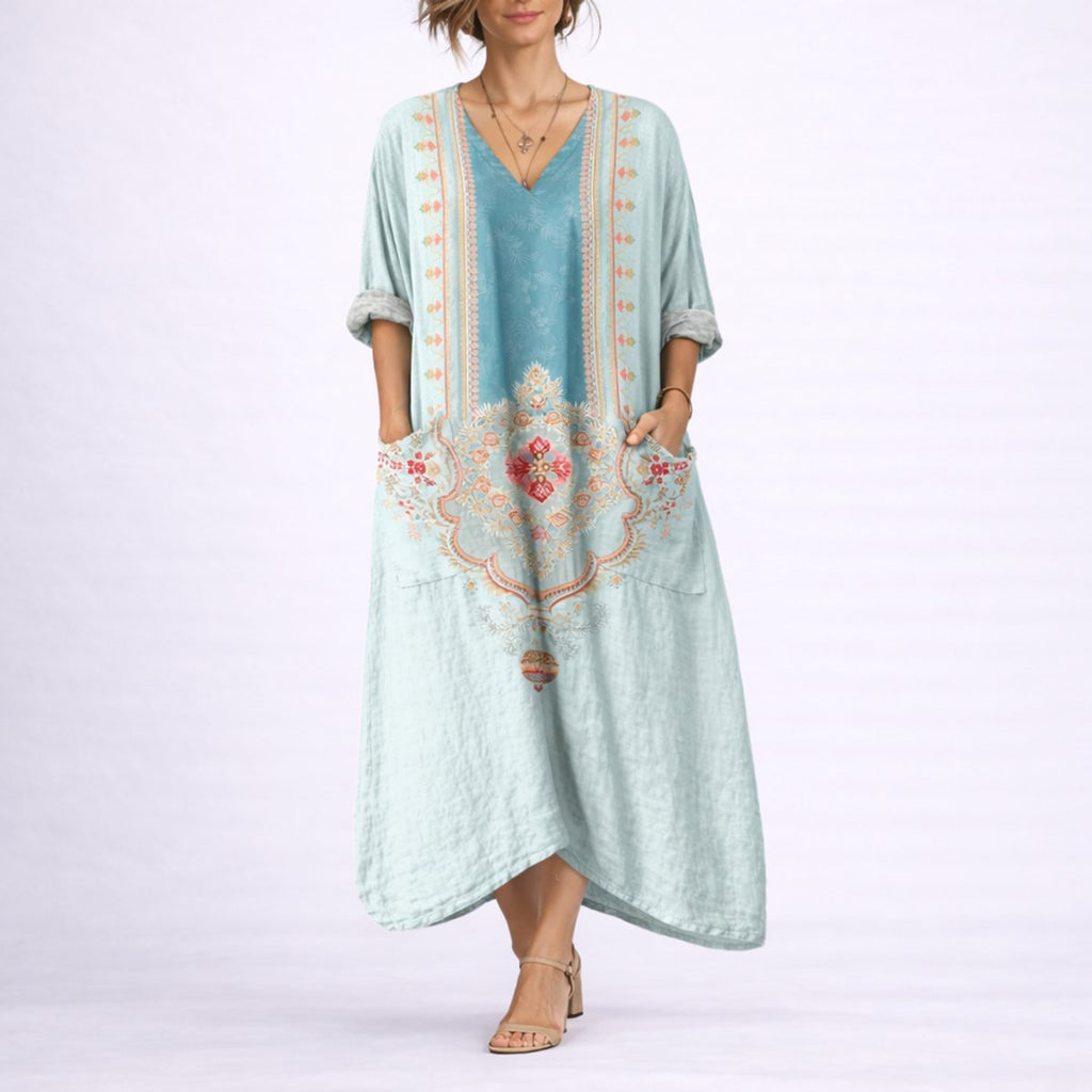 Women's Bohemian Paisley Maxi Fall Wedding Guest Dress - Green & Blue