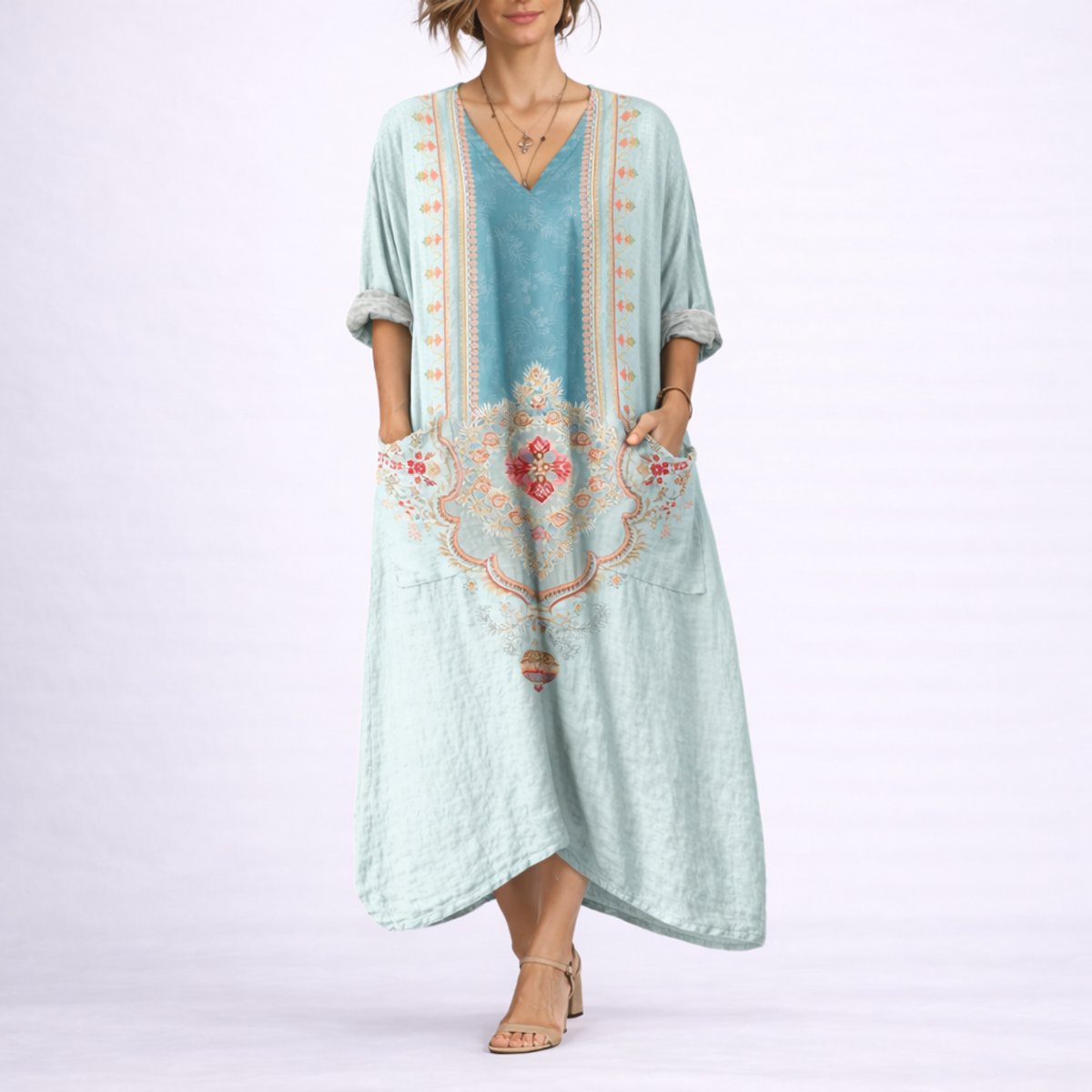 Women's Bohemian Paisley Maxi Fall Wedding Guest Dress - Green & Blue