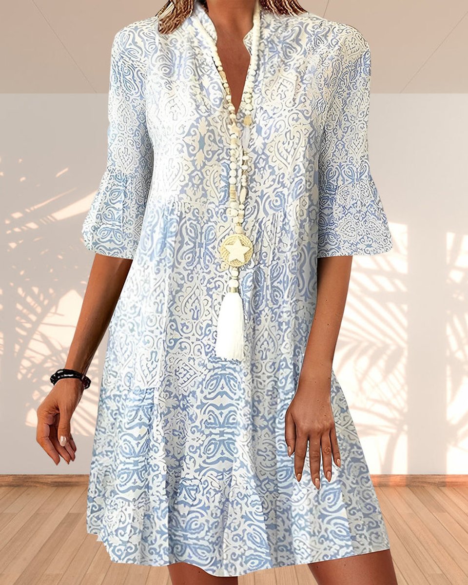 Women's Bohemian Print V-Neck Flared Sleeve Tunic Dress