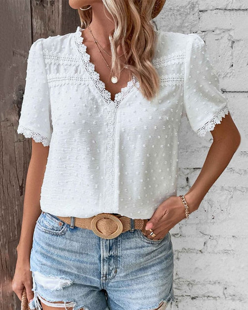 Women's Bohemian Swiss Dot Lace Trim V-Neck Blouse