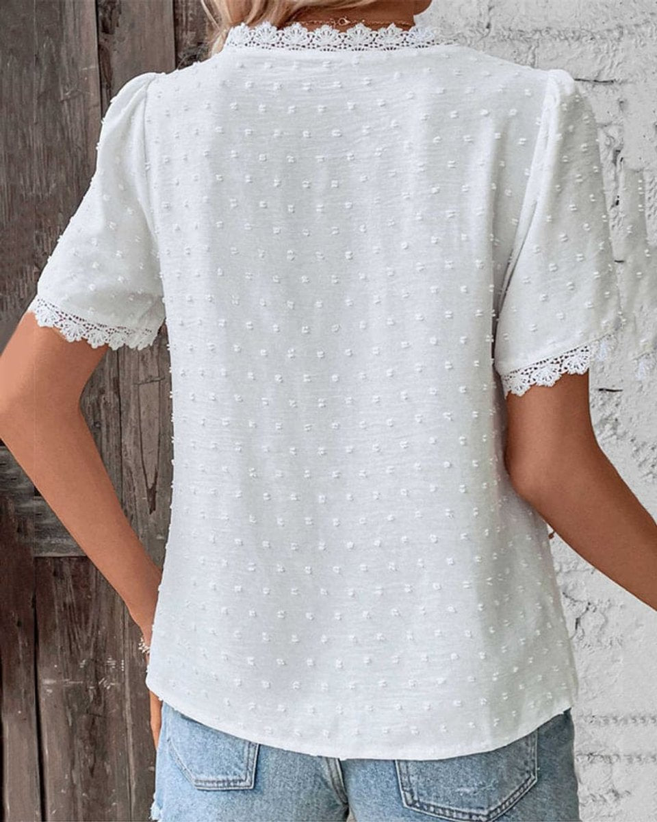 Women's Bohemian Swiss Dot Lace Trim V-Neck Blouse