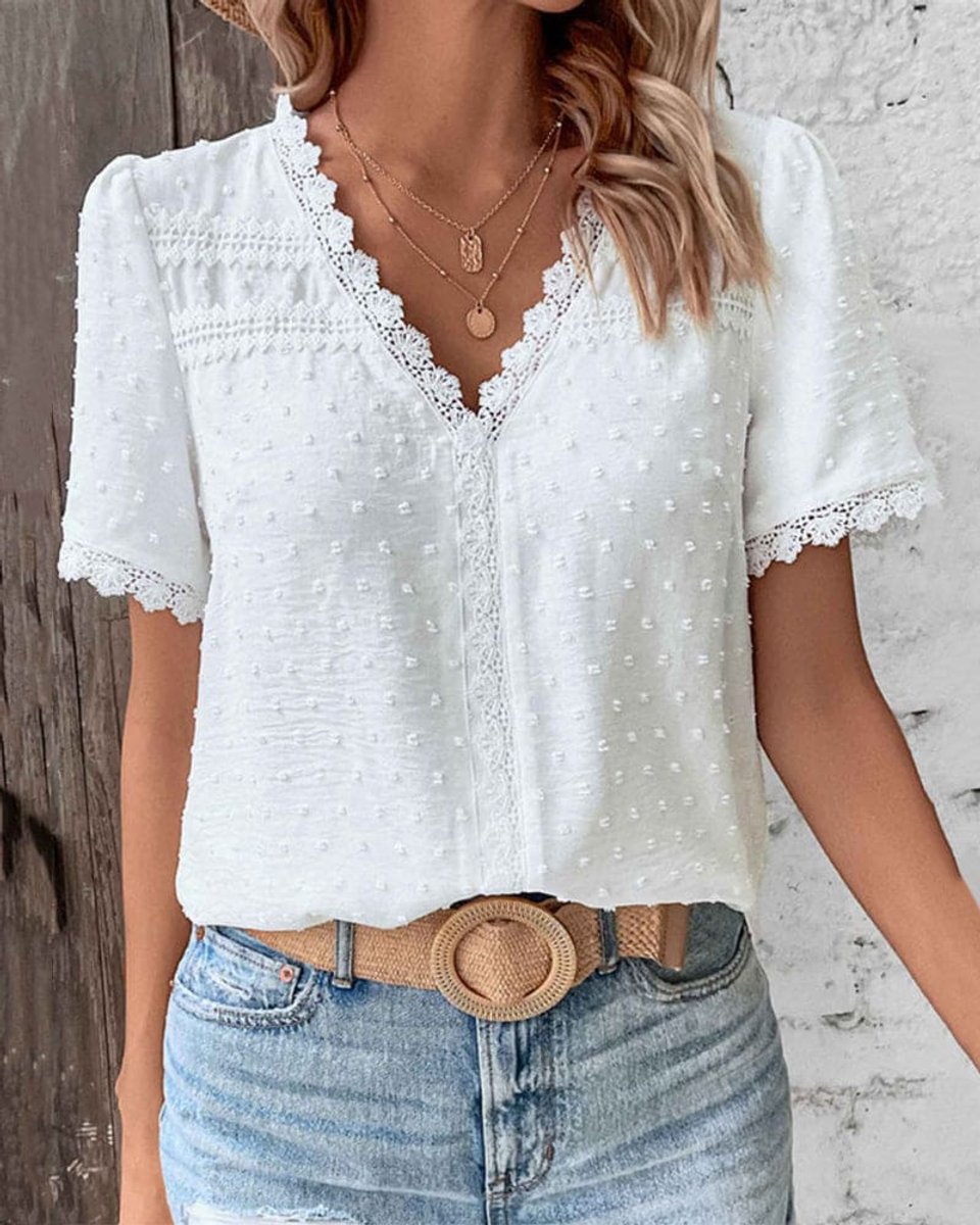Women's Bohemian Swiss Dot Lace Trim V-Neck Blouse - White