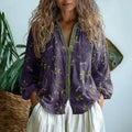 Women's Boho Floral Linen Button-Down Cardigan Blouse - Purple
