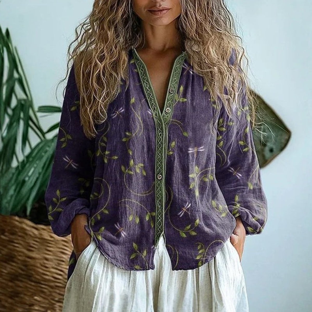 Women's Boho Floral Linen Button-Down Cardigan Blouse - Purple