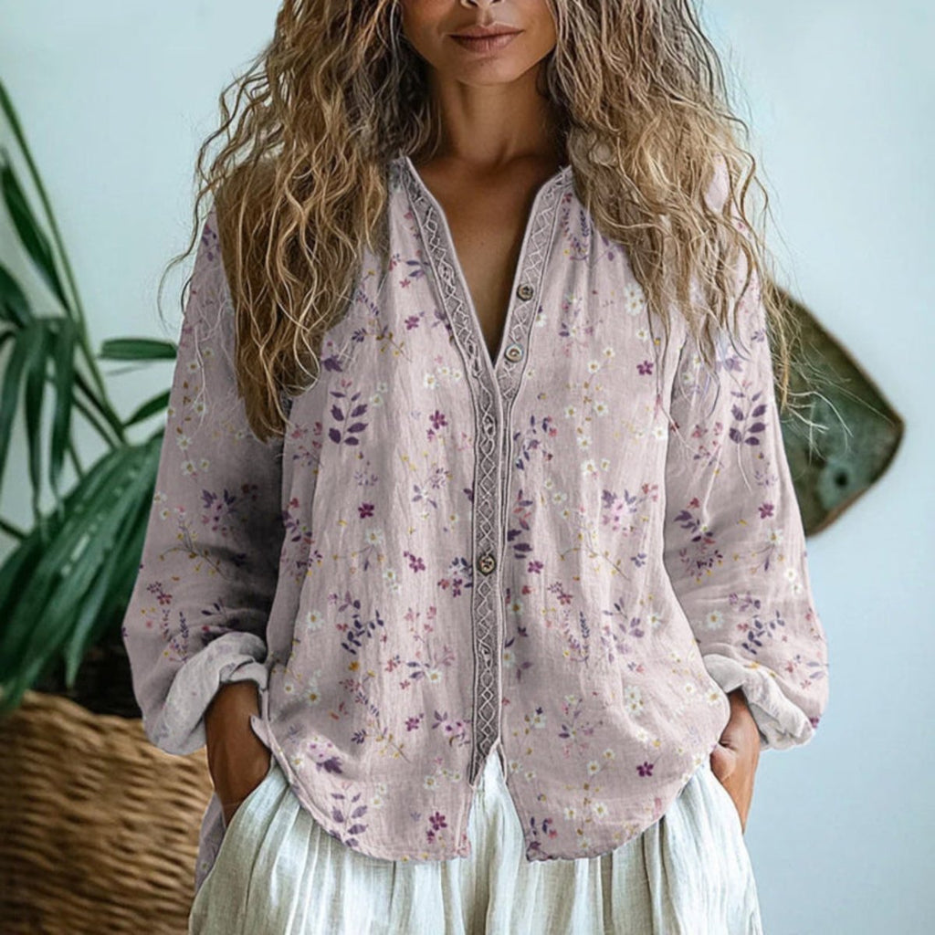 Women's Boho Floral Linen Button-Down Cardigan Blouse - Light Pink