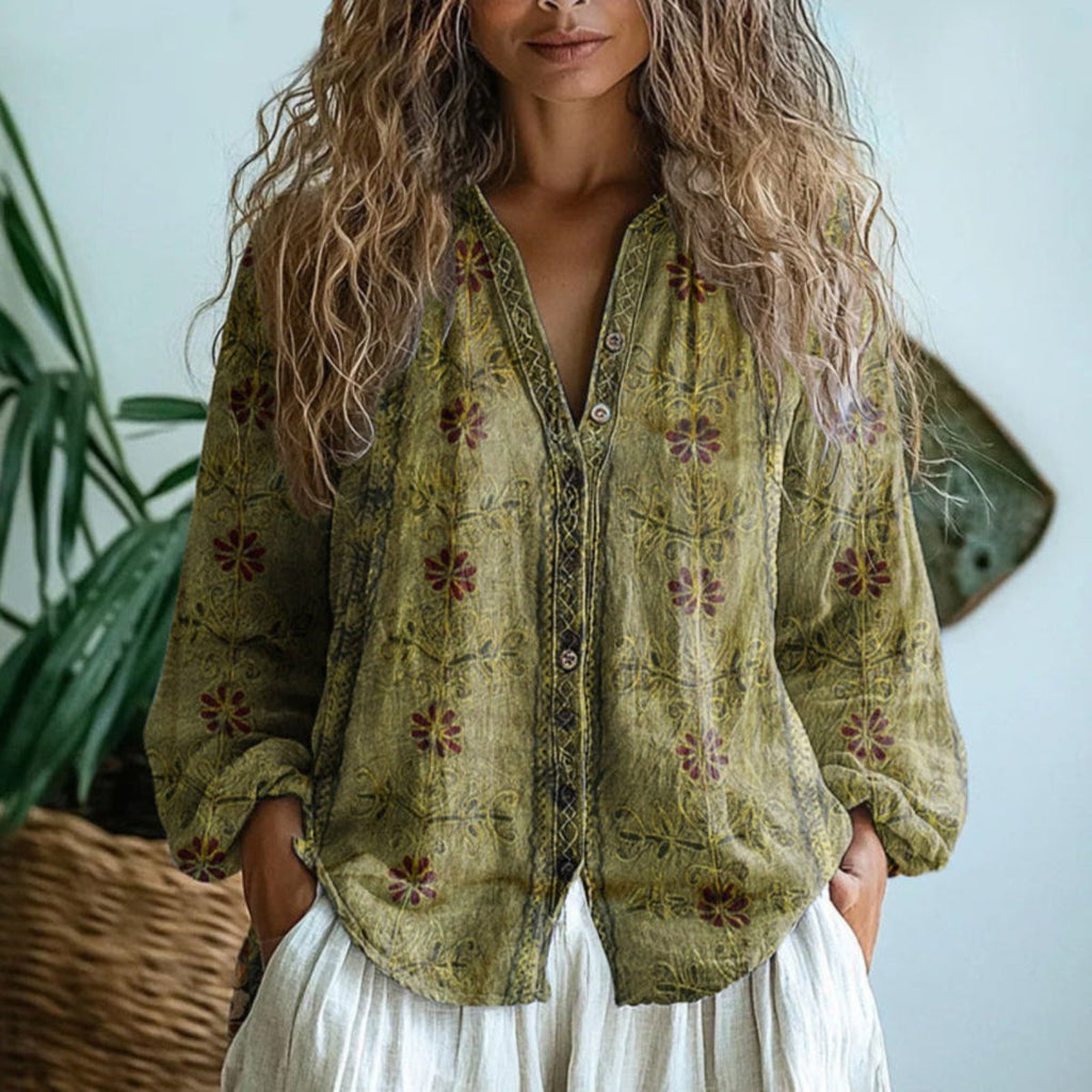 Women's Boho Floral Linen Button-Down Cardigan Blouse - Light Olive Green