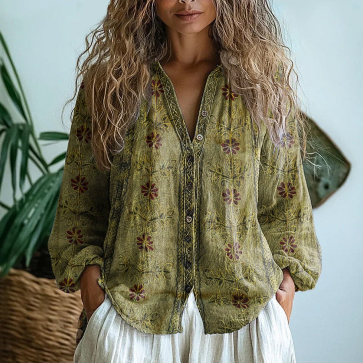 Women's Boho Floral Linen Button-Down Cardigan Blouse - Light Olive Green