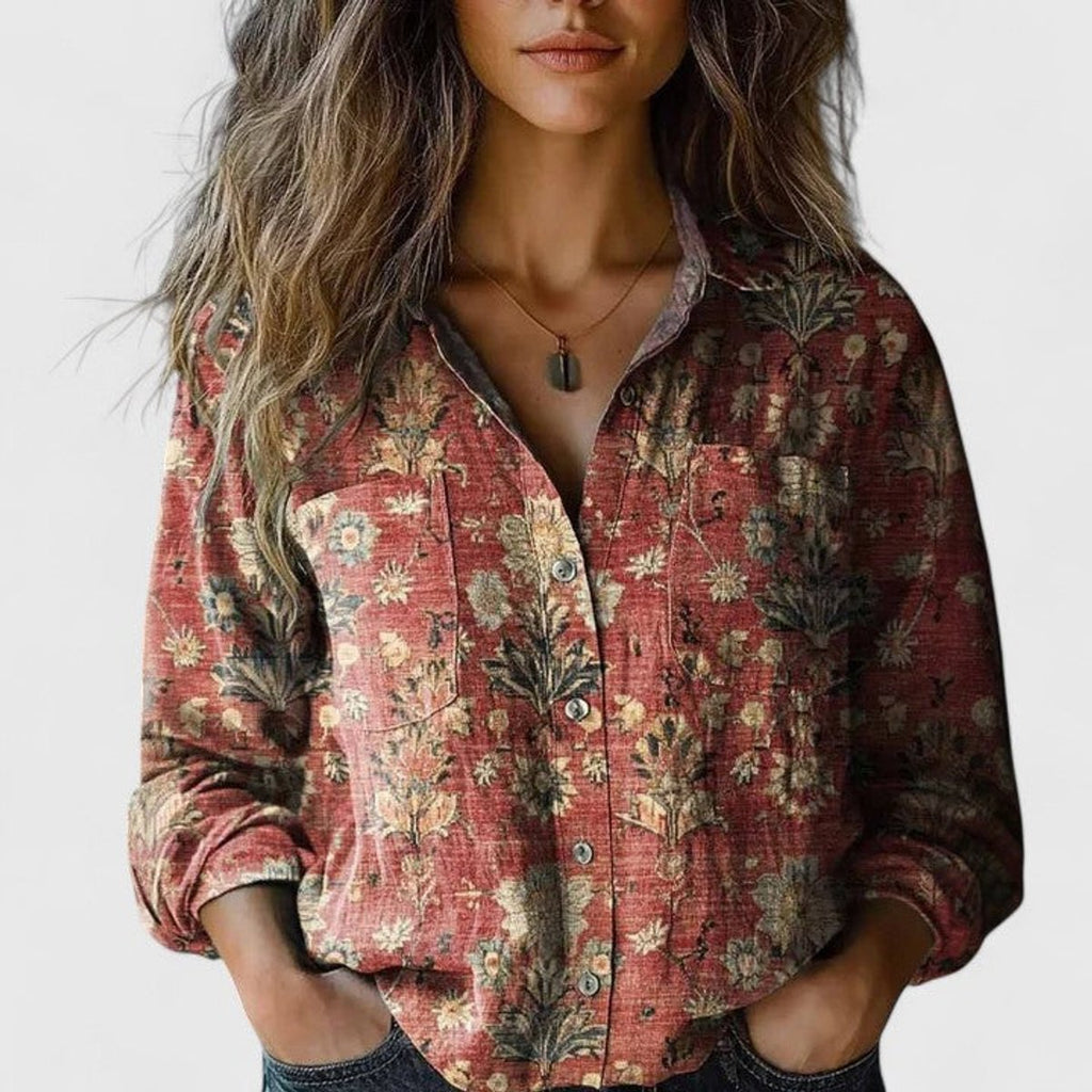 Women's Boho Floral Long-Sleeve Button-Front Blouse - Red