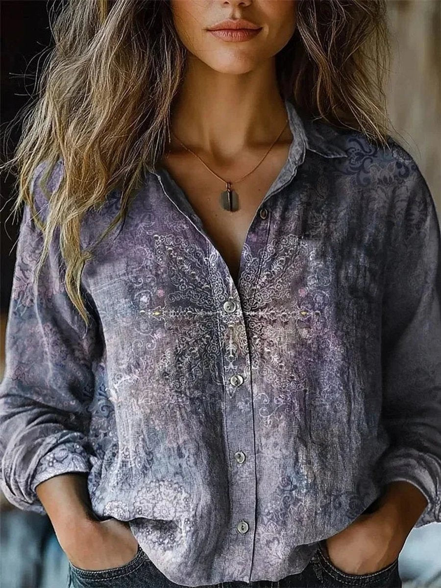 Women's Boho Floral Long-Sleeve Button-Front Blouse - Purple