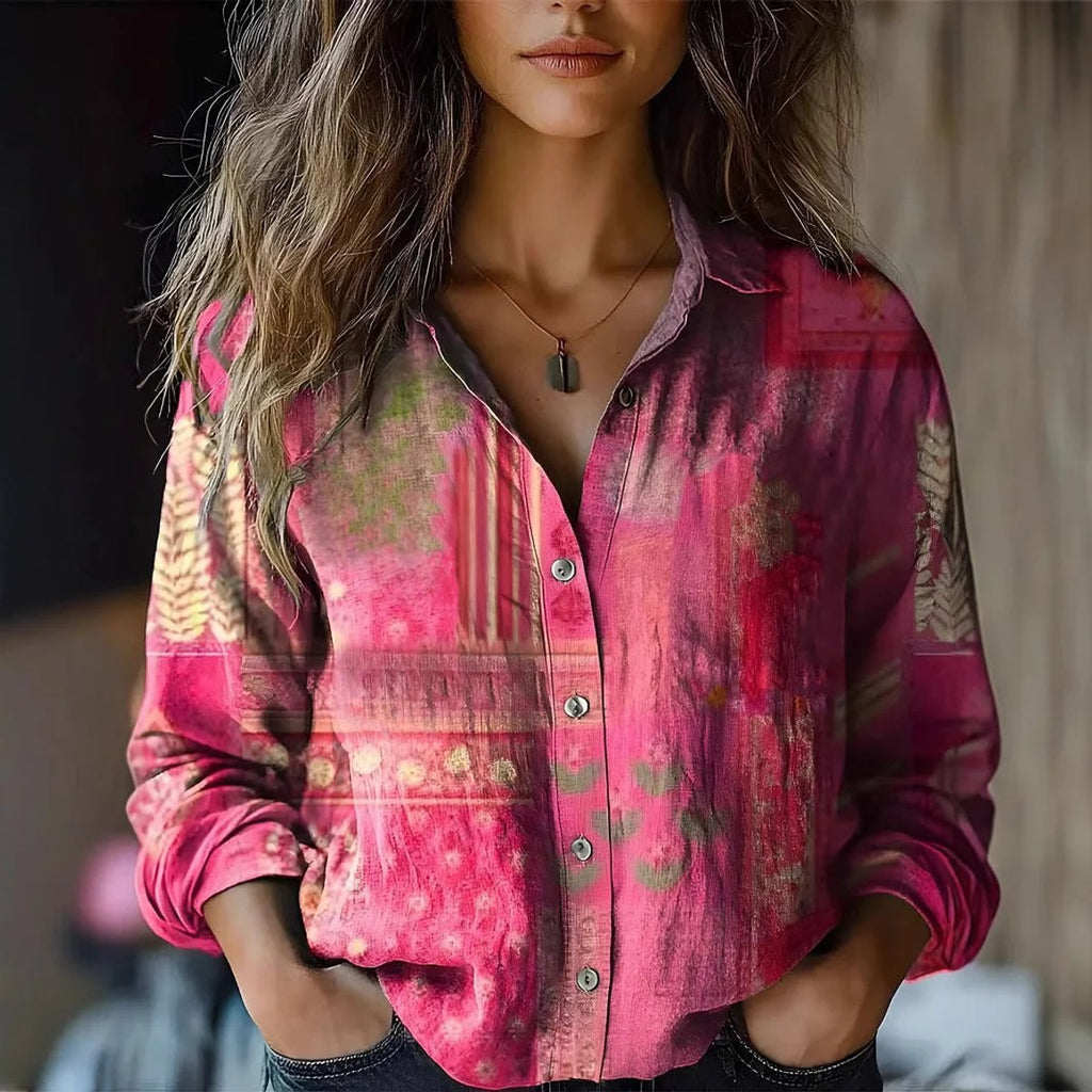 Women's Boho Floral Long-Sleeve Button-Front Blouse - Pink