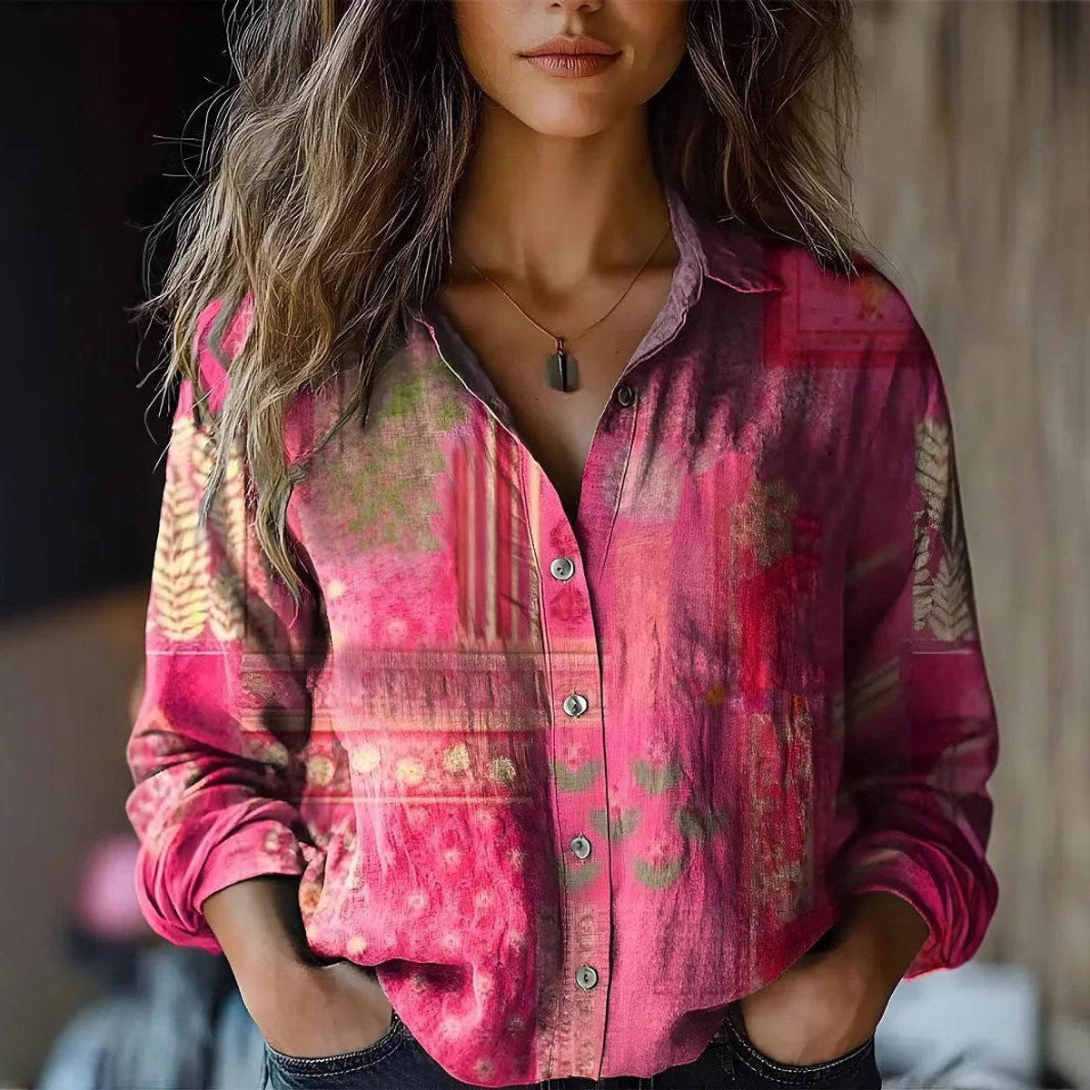 Women's Boho Floral Long-Sleeve Button-Front Blouse - Pink